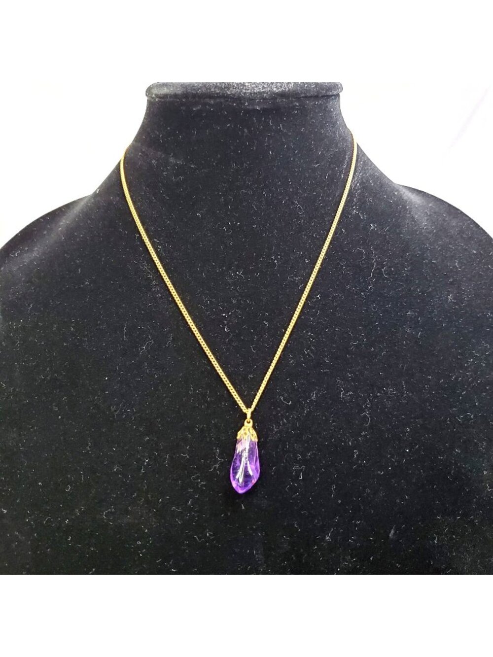 Gold Tone Chain Purple Amethyst Necklace Teardrop Crystal Pendant 17.5-Inch